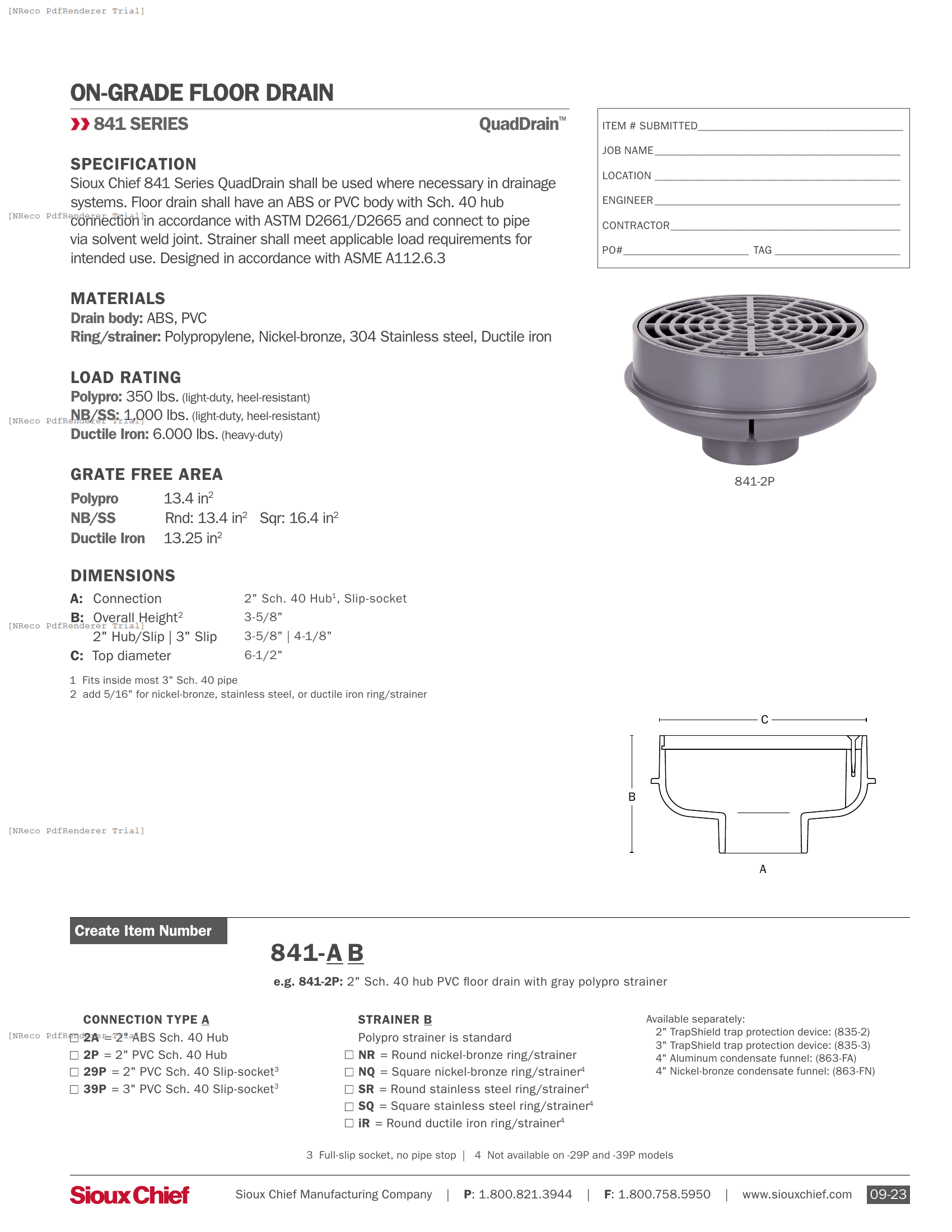 841 SERIES - QUADDRAIN FLOOR DRAIN - SPEC SHEET.PDF Specification Document